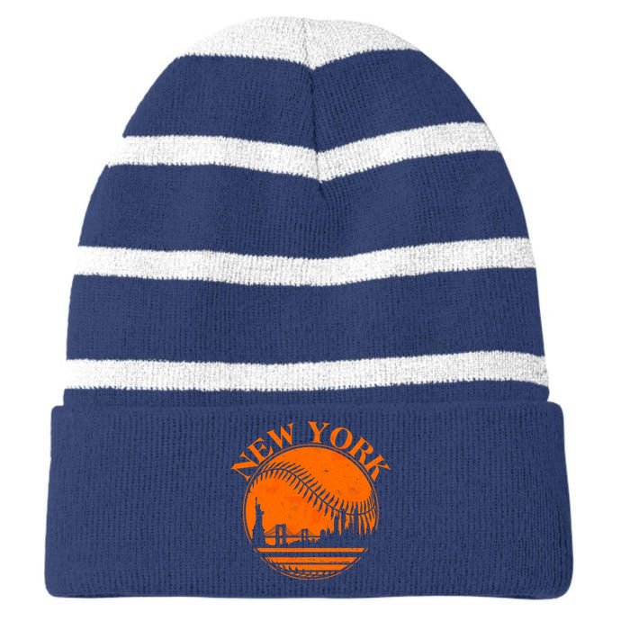 Vintage New York City Skyline Baseball Striped Beanie with Solid Band