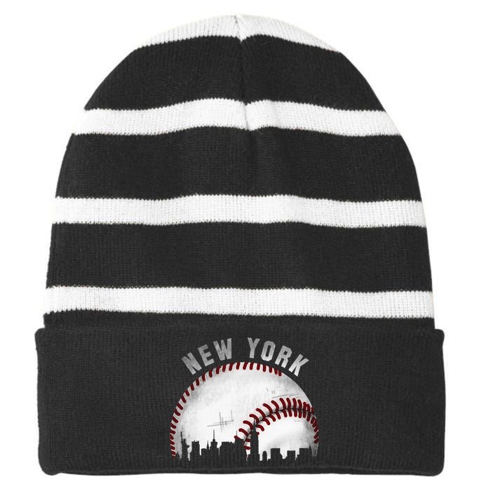 Vintage New York Skyline City Baseball Striped Beanie with Solid Band