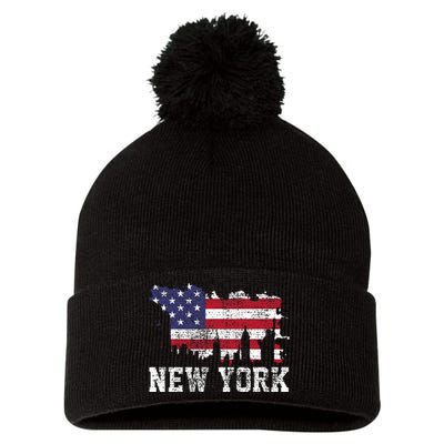 Vintage New York City NYC Skyline USA Flag Pom Pom 12in Knit Beanie