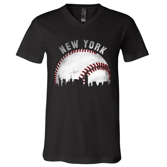 Vintage New York Skyline City Baseball V-Neck T-Shirt