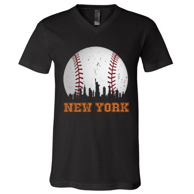 Vintage New York Skyline City Baseball V-Neck T-Shirt