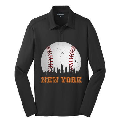 Vintage New York Skyline City Baseball Silk Touch Performance Long Sleeve Polo