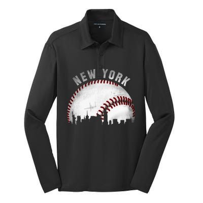 Vintage New York Skyline City Baseball Silk Touch Performance Long Sleeve Polo