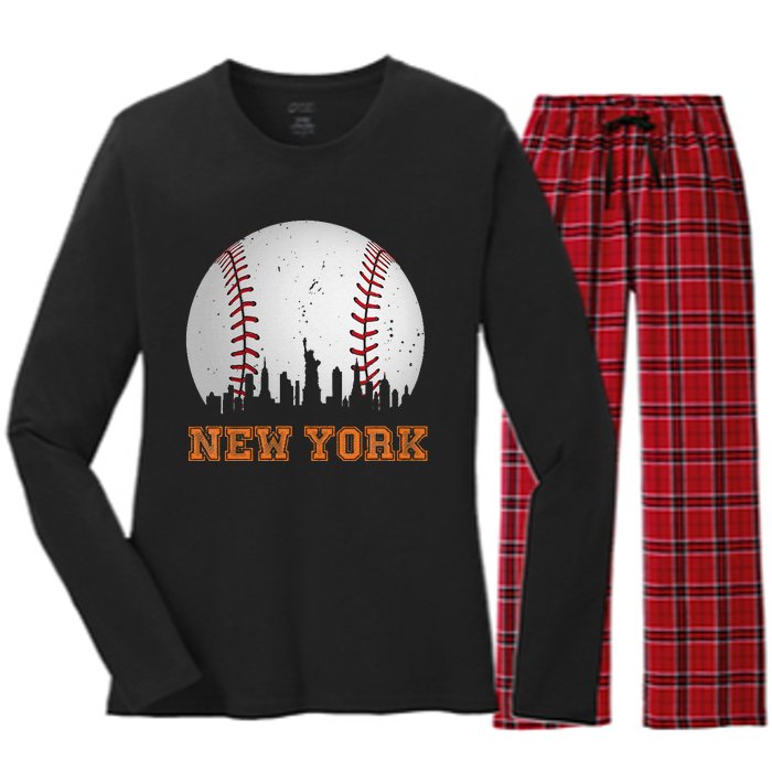 Vintage New York Skyline City Baseball Women's Long Sleeve Flannel Pajama Set 