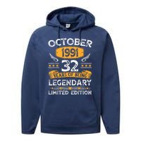 Vintage October 1991 32 Years Old Gifts 32nd Birthdays Performance Fleece Hoodie