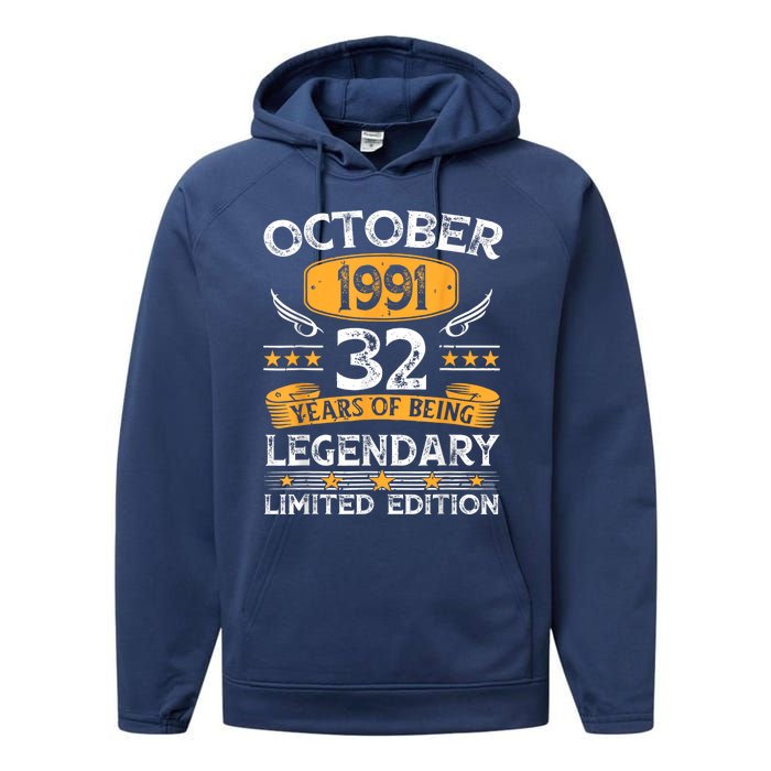 Vintage October 1991 32 Years Old Gifts 32nd Birthdays Performance Fleece Hoodie