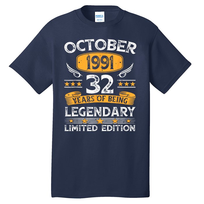 Vintage October 1991 32 Years Old Gifts 32nd Birthdays Tall T-Shirt