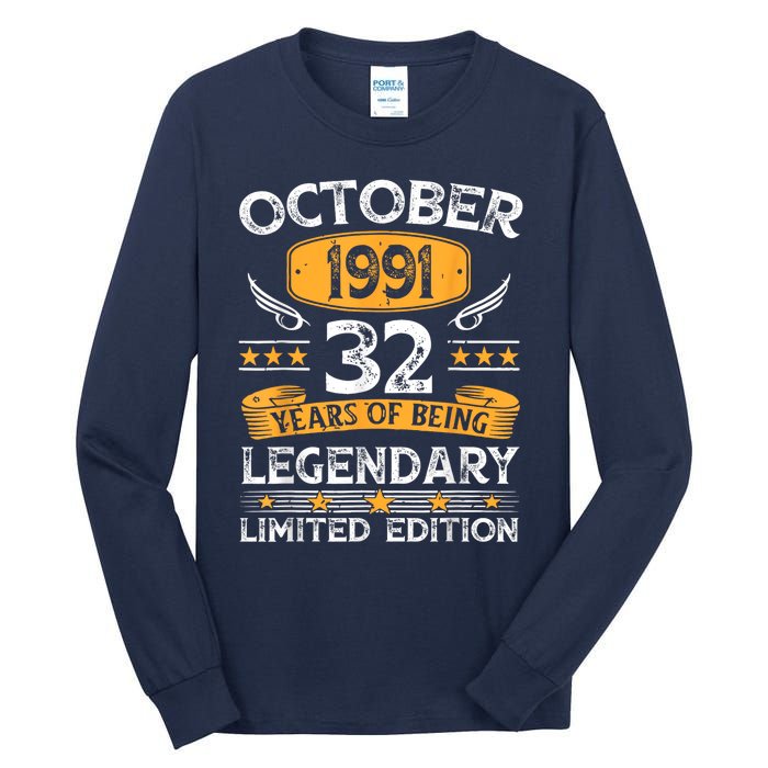 Vintage October 1991 32 Years Old Gifts 32nd Birthdays Tall Long Sleeve T-Shirt