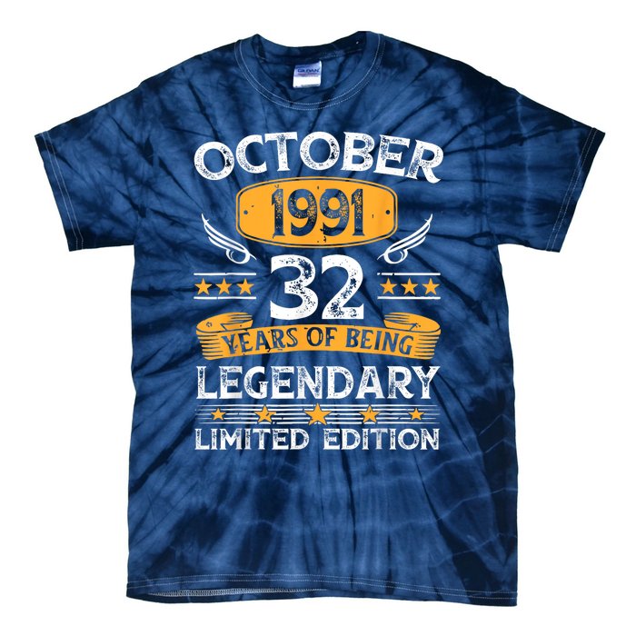 Vintage October 1991 32 Years Old Gifts 32nd Birthdays Tie-Dye T-Shirt