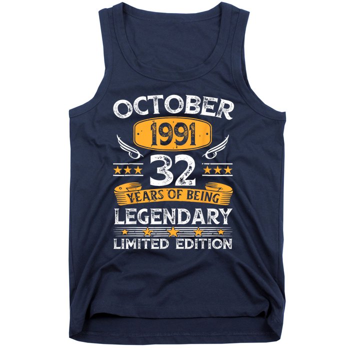 Vintage October 1991 32 Years Old Gifts 32nd Birthdays Tank Top