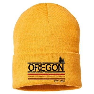 Vintage Oregon 1859 Retro Design With Trees And Stripes Sustainable Knit Beanie