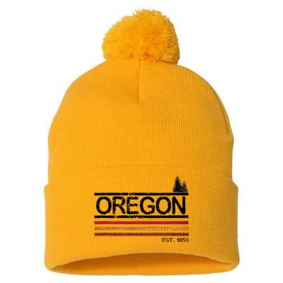 Vintage Oregon 1859 Retro Design With Trees And Stripes Pom Pom 12in Knit Beanie