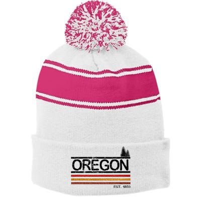 Vintage Oregon 1859 Retro Design With Trees And Stripes Stripe Pom Pom Beanie