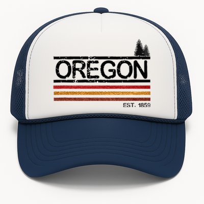 Vintage Oregon 1859 Retro Design With Trees And Stripes Trucker Hat