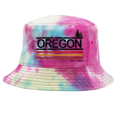 Vintage Oregon 1859 Retro Design With Trees And Stripes Tie-Dyed Bucket Hat