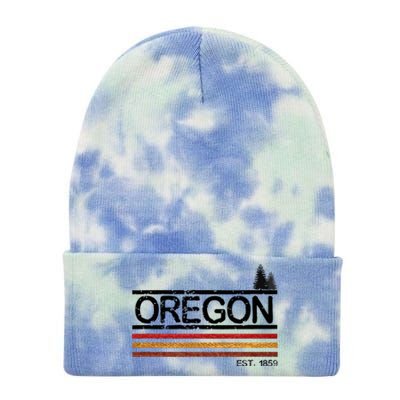 Vintage Oregon 1859 Retro Design With Trees And Stripes Tie Dye 12in Knit Beanie