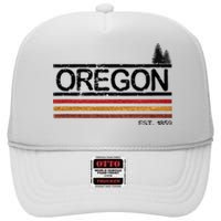 Vintage Oregon 1859 Retro Design With Trees And Stripes High Crown Mesh Back Trucker Hat