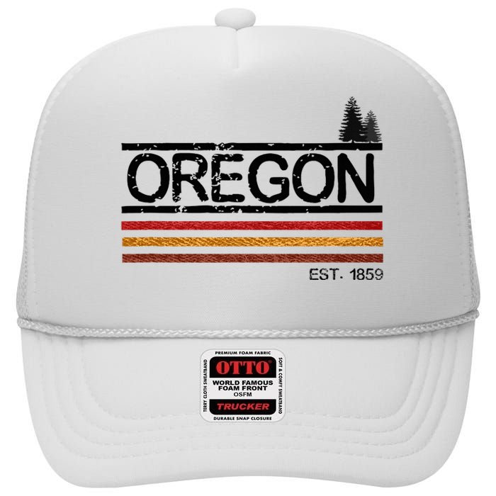 Vintage Oregon 1859 Retro Design With Trees And Stripes High Crown Mesh Back Trucker Hat