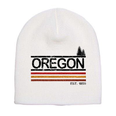 Vintage Oregon 1859 Retro Design With Trees And Stripes Short Acrylic Beanie