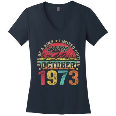 Vintage October 1973 50 Years Old 50th Birthday Gifts Wo Women's V-Neck T-Shirt