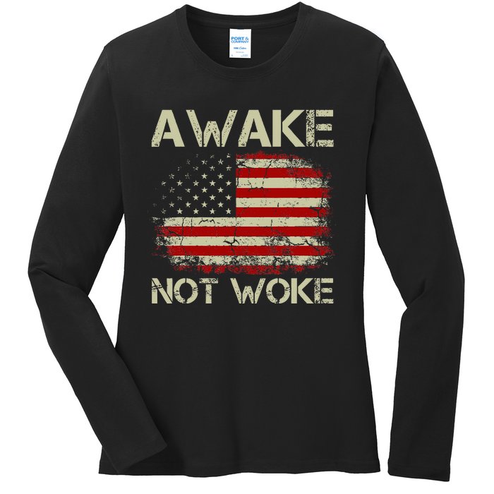 Vintage Old American Flag Awake Not Woke Ladies Long Sleeve Shirt