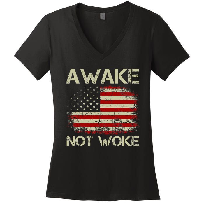 Vintage Old American Flag Awake Not Woke Women's V-Neck T-Shirt