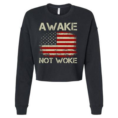 Vintage Old American Flag Awake Not Woke Cropped Pullover Crew
