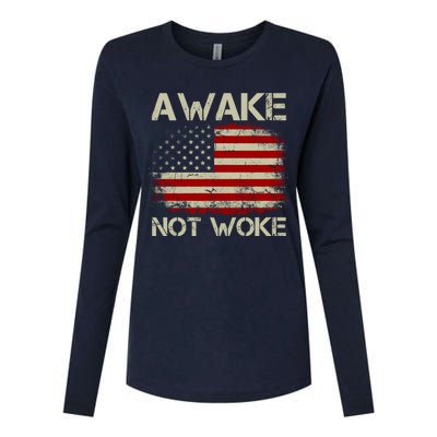 Vintage Old American Flag Awake Not Woke Womens Cotton Relaxed Long Sleeve T-Shirt