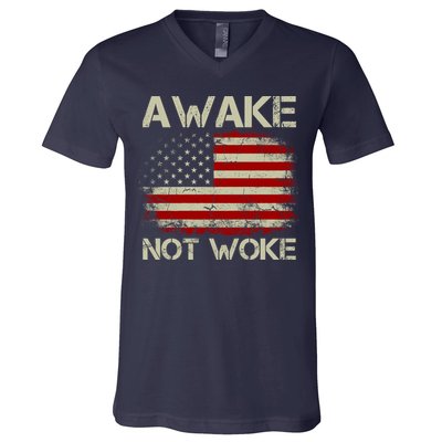 Vintage Old American Flag Awake Not Woke V-Neck T-Shirt