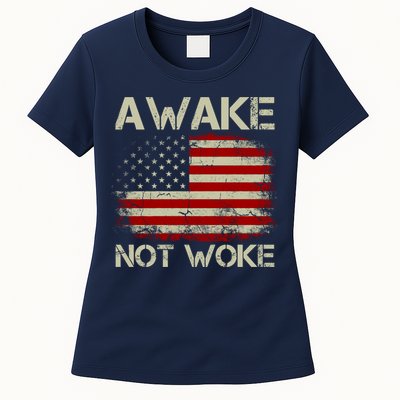 Vintage Old American Flag Awake Not Woke Womens T-Shirt
