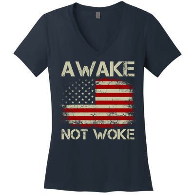 Vintage Old American Flag Awake Not Woke Women's V-Neck T-Shirt