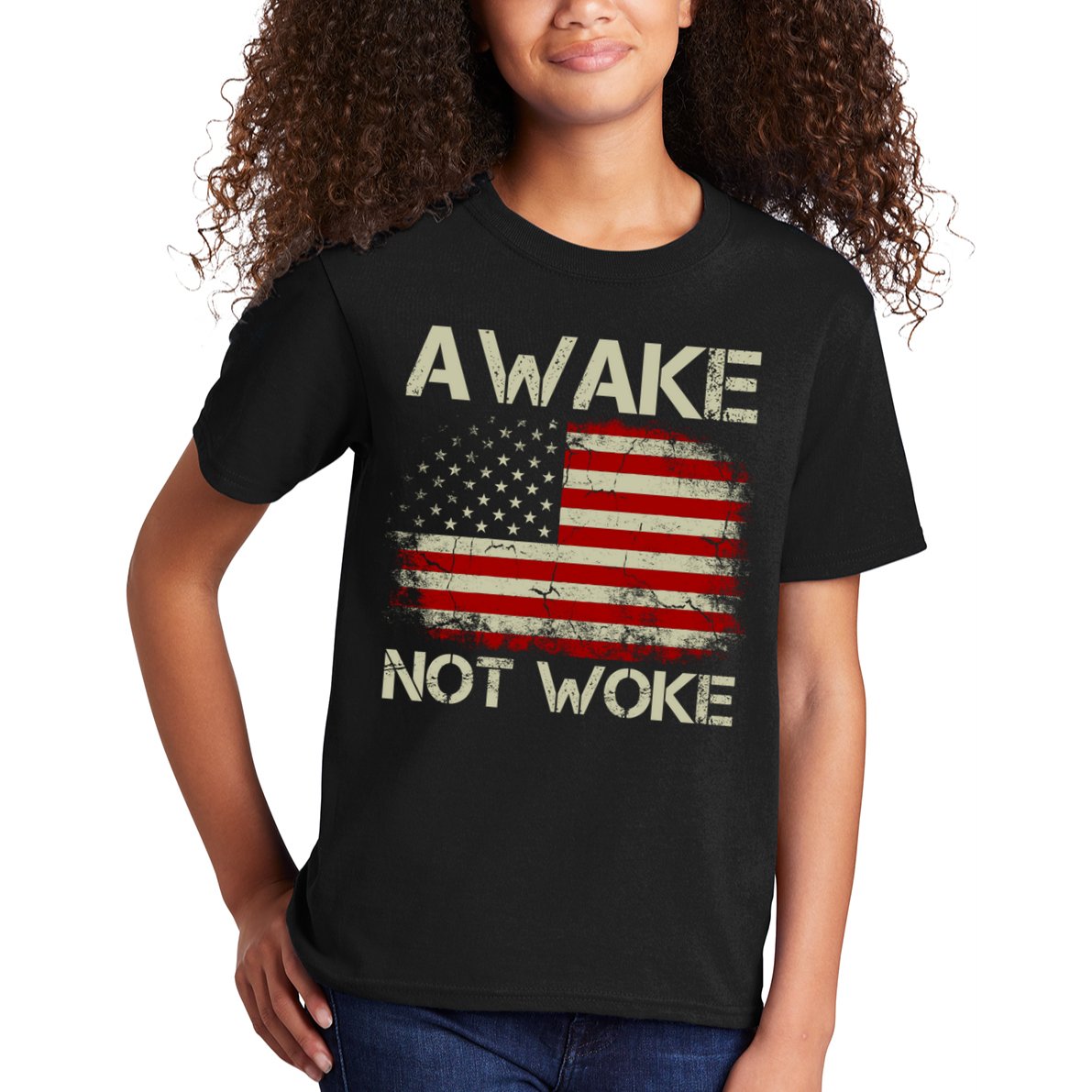 Vintage Old American Flag Awake Not Woke Kids T-Shirt