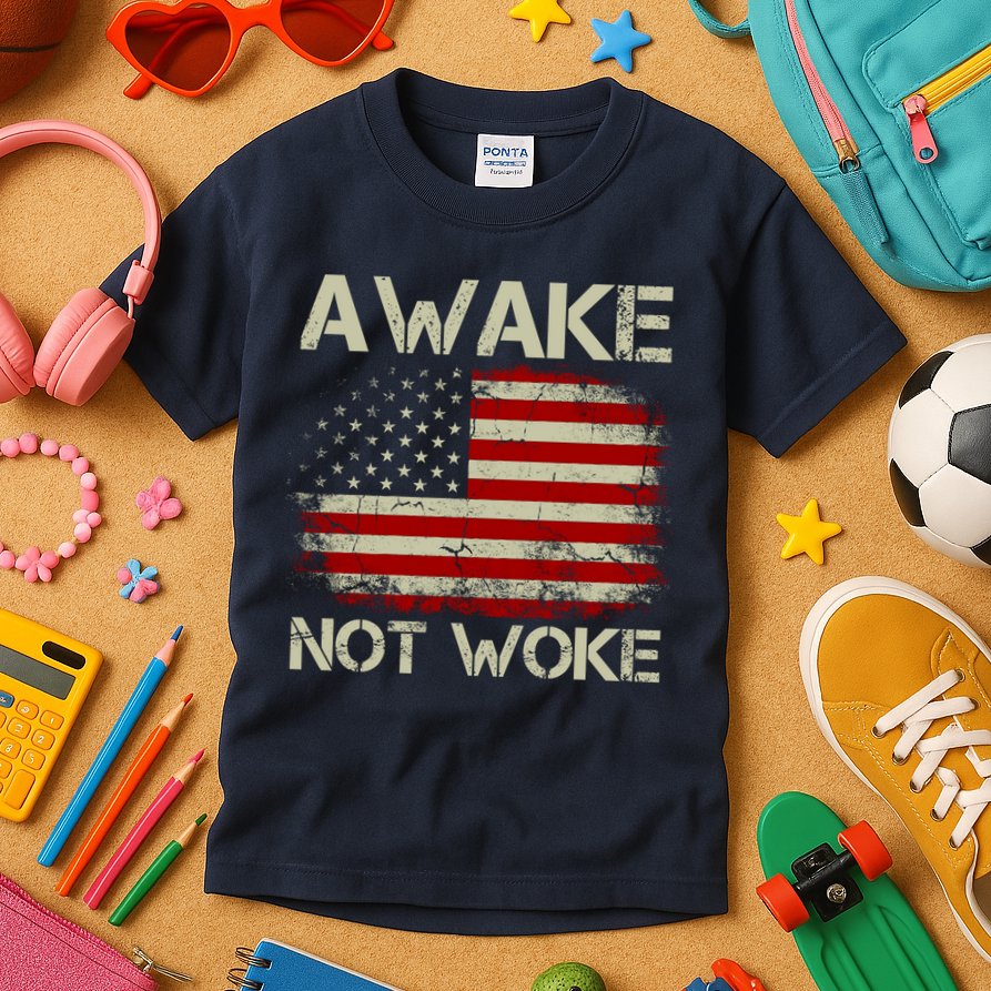 Vintage Old American Flag Awake Not Woke Kids T-Shirt