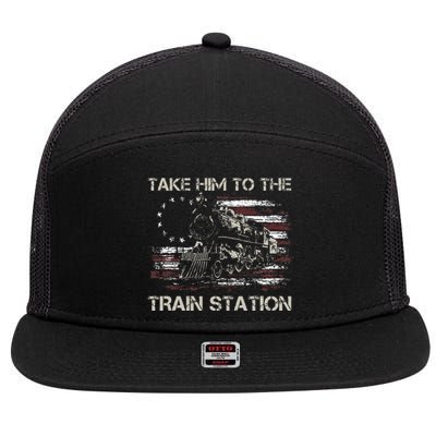 Vintage Old American Flag Take Him To The Train Station 7 Panel Mesh Trucker Snapback Hat