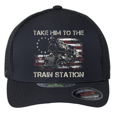 Vintage Old American Flag Take Him To The Train Station Flexfit Unipanel Trucker Cap