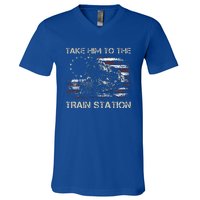 Vintage Old American Flag Take Him To The Train Station V-Neck T-Shirt