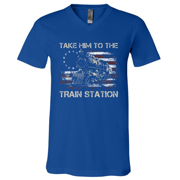 Vintage Old American Flag Take Him To The Train Station V-Neck T-Shirt