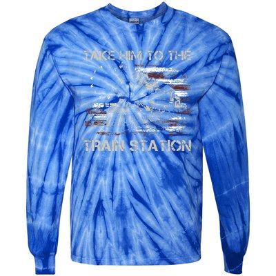 Vintage Old American Flag Take Him To The Train Station Tie-Dye Long Sleeve Shirt