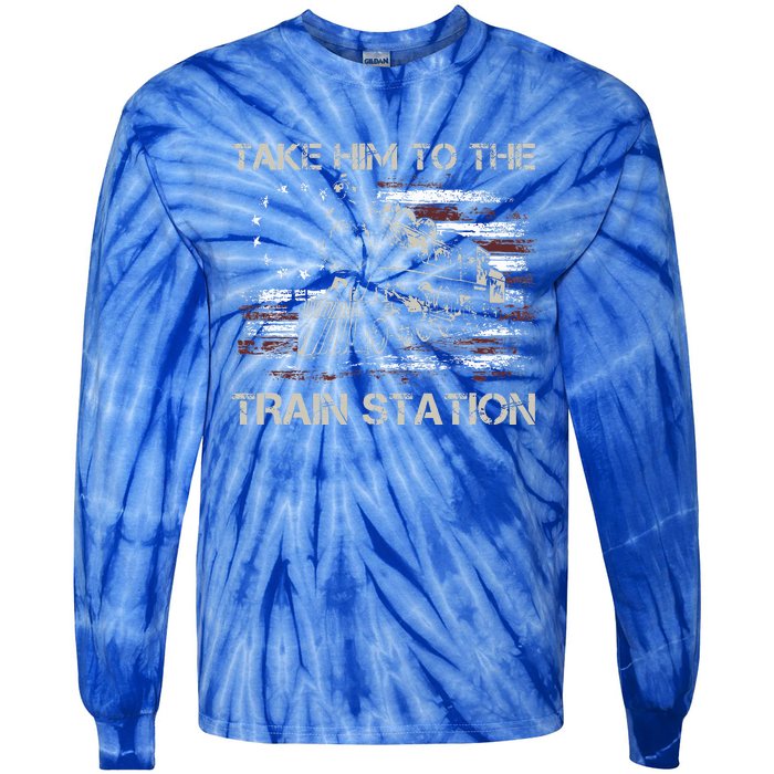 Vintage Old American Flag Take Him To The Train Station Tie-Dye Long Sleeve Shirt