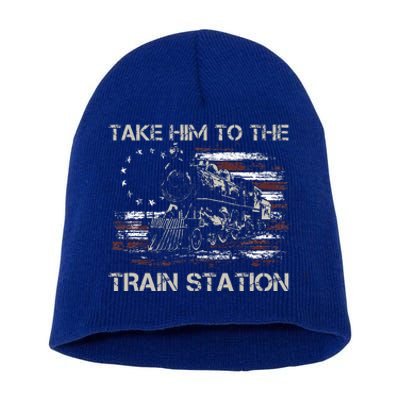 Vintage Old American Flag Take Him To The Train Station Short Acrylic Beanie