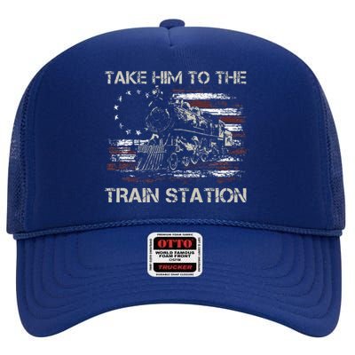 Vintage Old American Flag Take Him To The Train Station High Crown Mesh Back Trucker Hat