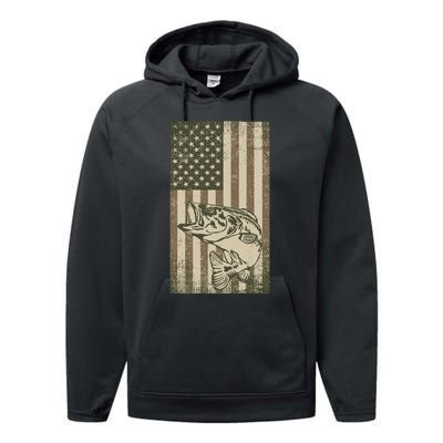 Vintage Outdoor Big Bass Fish Camouflage USA Fisherman Flag Performance Fleece Hoodie