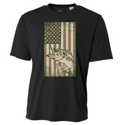 Vintage Outdoor Big Bass Fish Camouflage USA Fisherman Flag Cooling Performance Crew T-Shirt