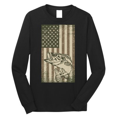 Vintage Outdoor Big Bass Fish Camouflage USA Fisherman Flag Long Sleeve Shirt