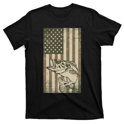 Vintage Outdoor Big Bass Fish Camouflage USA Fisherman Flag T-Shirt