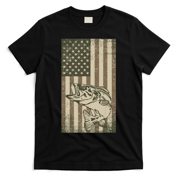 Vintage Outdoor Big Bass Fish Camouflage USA Fisherman Flag T-Shirt