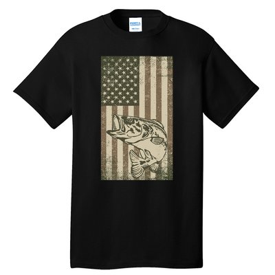 Vintage Outdoor Big Bass Fish Camouflage USA Fisherman Flag Tall T-Shirt