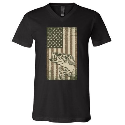 Vintage Outdoor Big Bass Fish Camouflage USA Fisherman Flag V-Neck T-Shirt