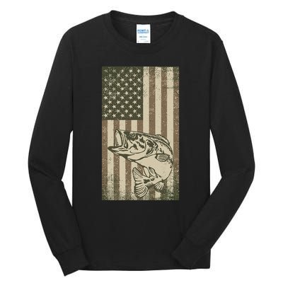 Vintage Outdoor Big Bass Fish Camouflage USA Fisherman Flag Tall Long Sleeve T-Shirt