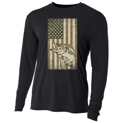 Vintage Outdoor Big Bass Fish Camouflage USA Fisherman Flag Cooling Performance Long Sleeve Crew